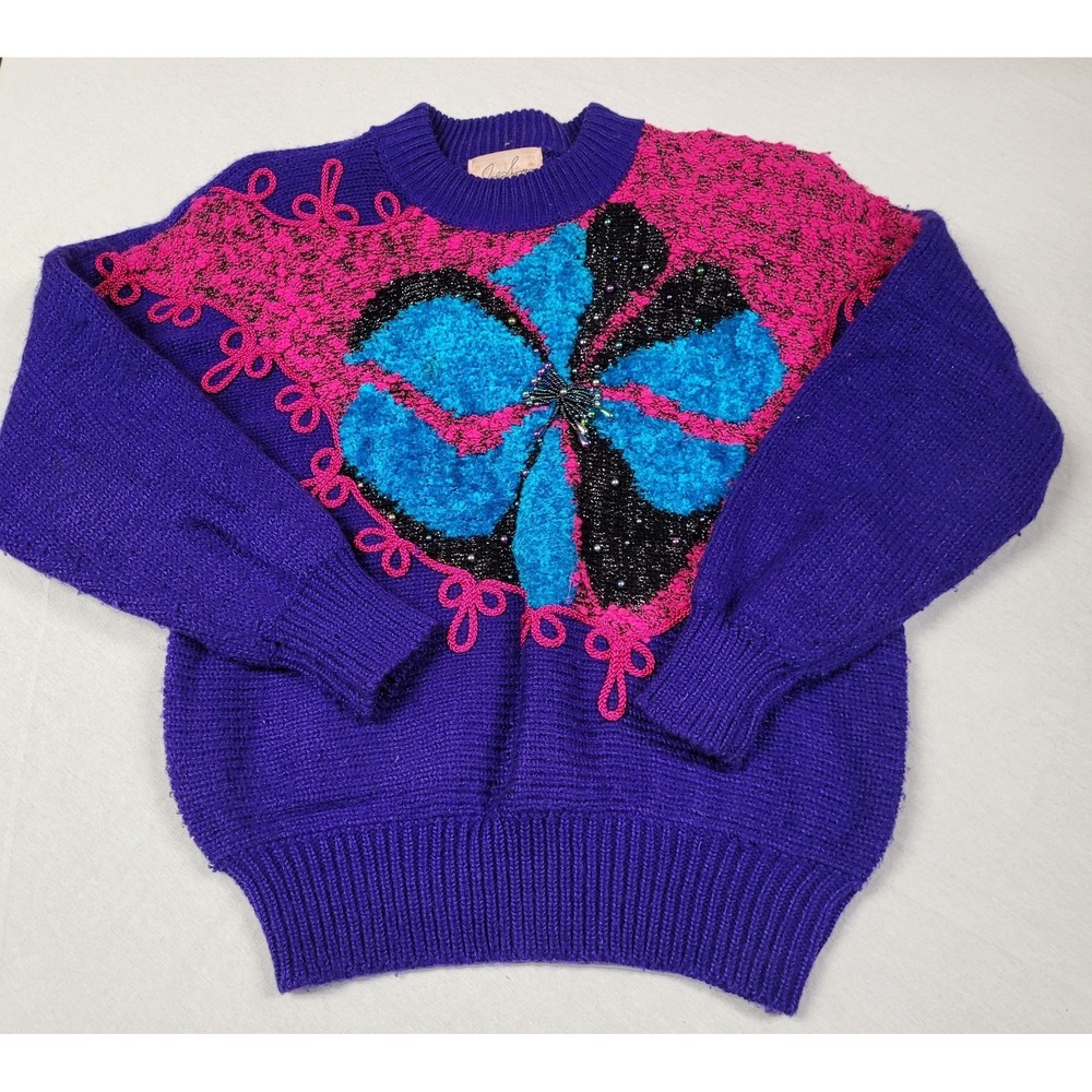 Jaclyn Smith Multicolor Knit Sweater Beaded Floral Embellishment Women's M